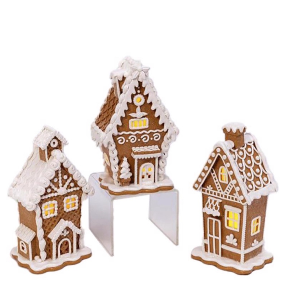 NEW LED Brown White Lighted Gingerbread House 7" Set of Three